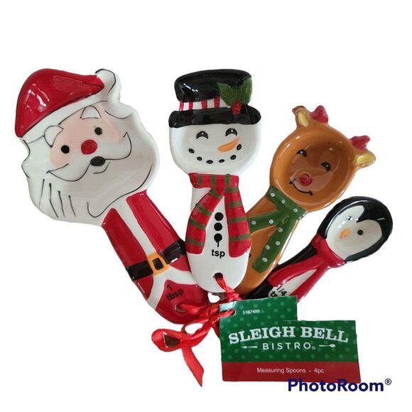 Sleigh Bell Bistro Porcelain Holiday Measuring Spoons Very Merry HL9173119 NWT - Picture 1 of 16